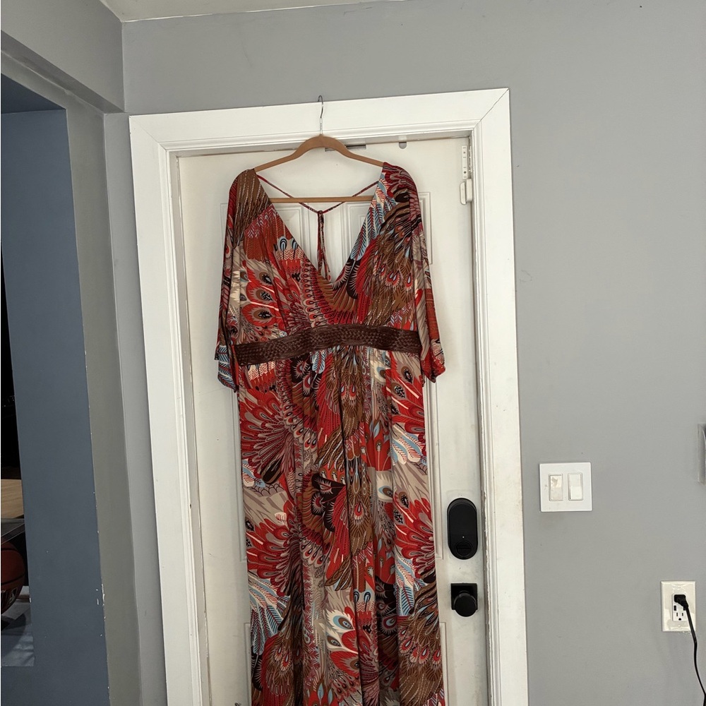 Bohemian Red V-Neck Maxi Dress with Feather Print